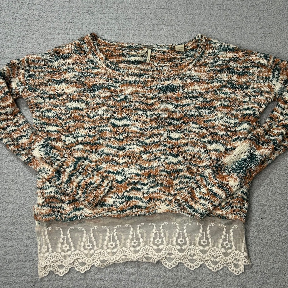 Gilded Intent by BKE Sweater Boho XS Multi Color Lace Trim Crochet Fairycore